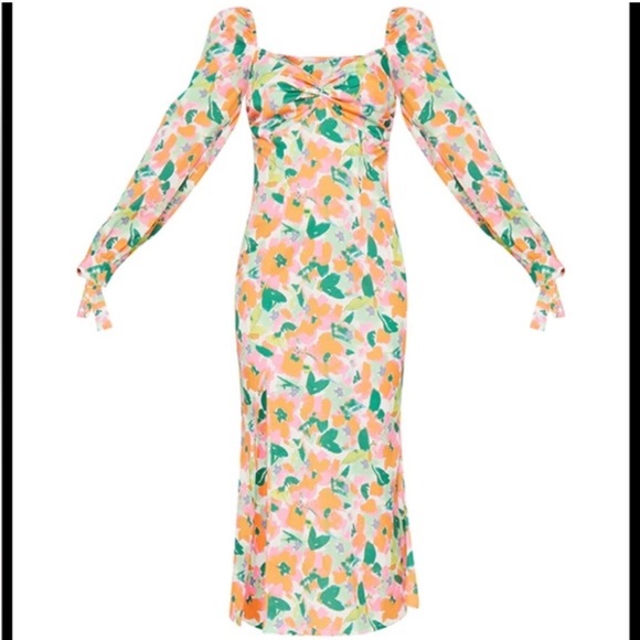 Pretty Little Thing Orange and Green Long Sleeve Floral Midi Dress Tik Tok - Picture 6 of 16